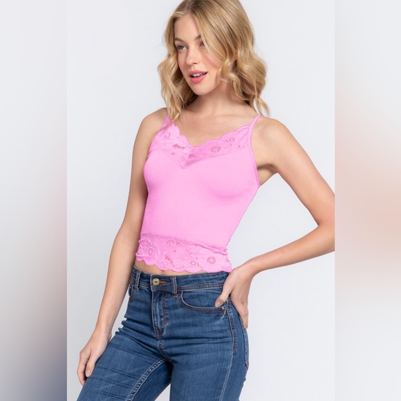 ACTIVE BASIC V-Neck Lace Detail Ribbed Cami - Picture 4 of 4